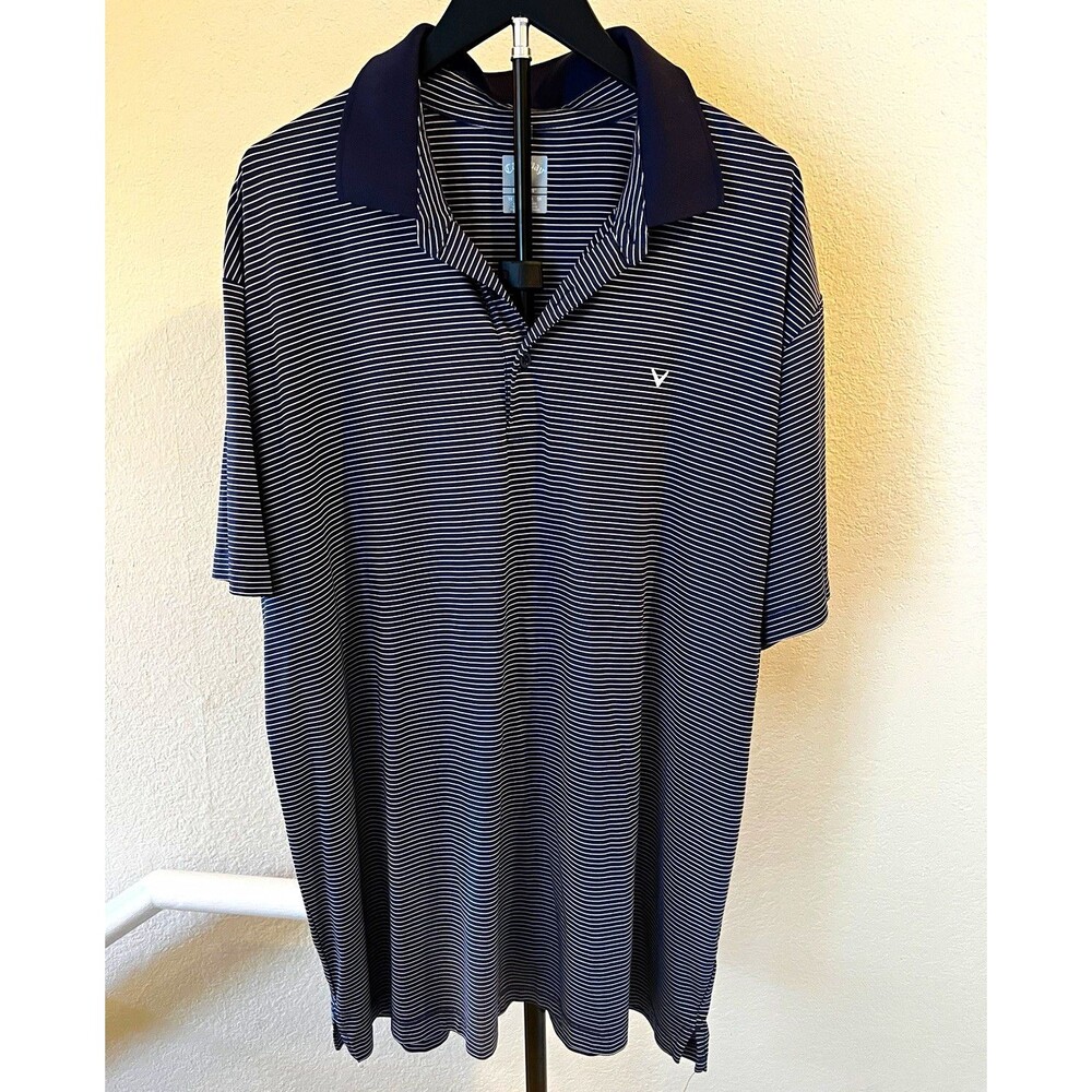 Callaway Golf Polo Mens XL Navy Blue White Striped Performance Short Sleeve